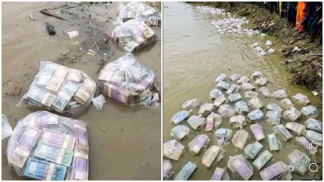 নদীতে ভাসমান বস্তাভর্তি টাকার ছবিটি এআই দিয়ে তৈরি